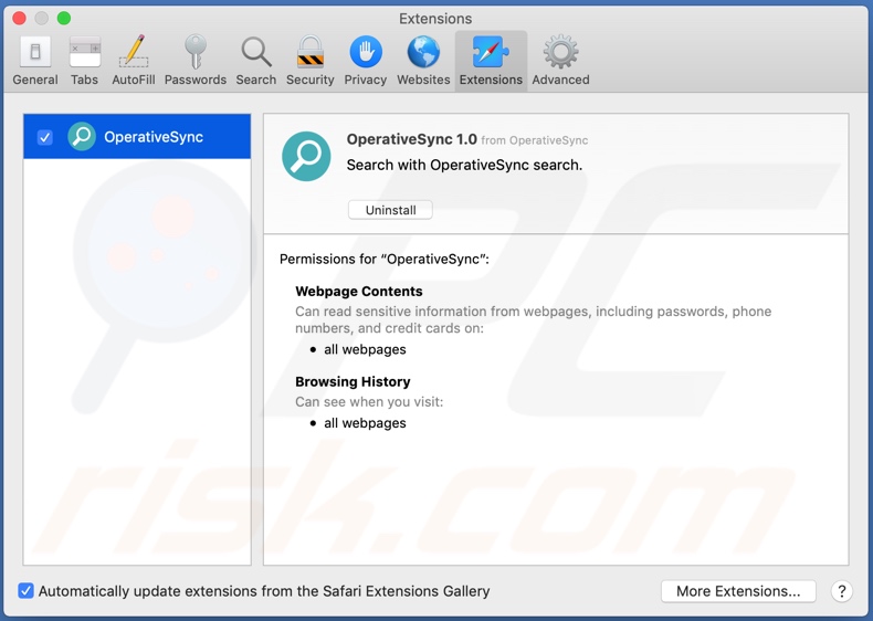 OperativeSync adware installed onto Safari