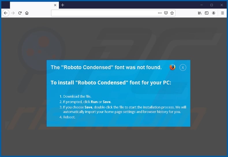 zloader malware scam page encouraging to download a font on mozilla second page