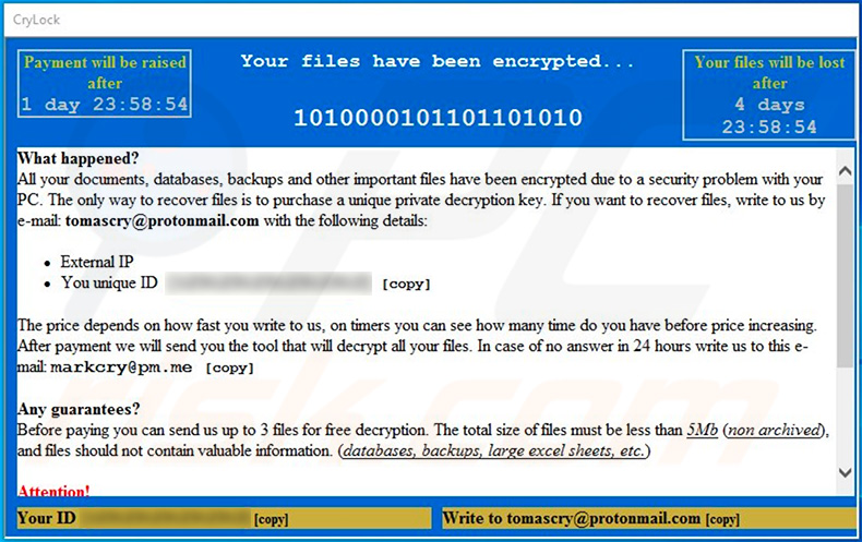 Updated CryLock ransomware pop-up window