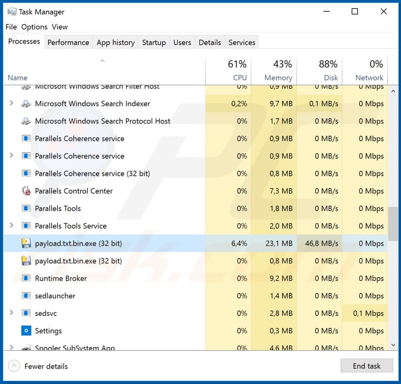 złośliwy proces payload.txt.bin.exe demon w menedżerze zadań