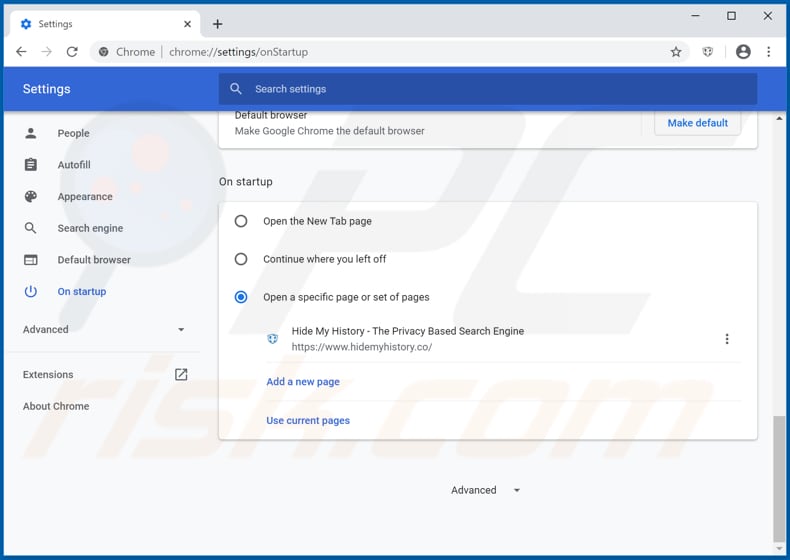 Removing hidemyhistory.co from Google Chrome homepage