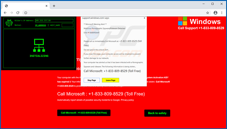 OSzustwo pop-up Microsoft Warning Alert adres Killer IP