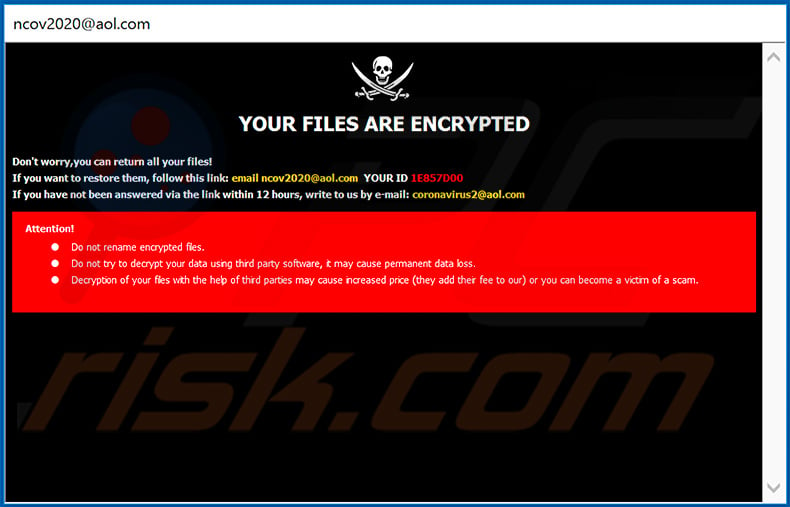 Pop-up window displayed by the updated Ncov ransomware