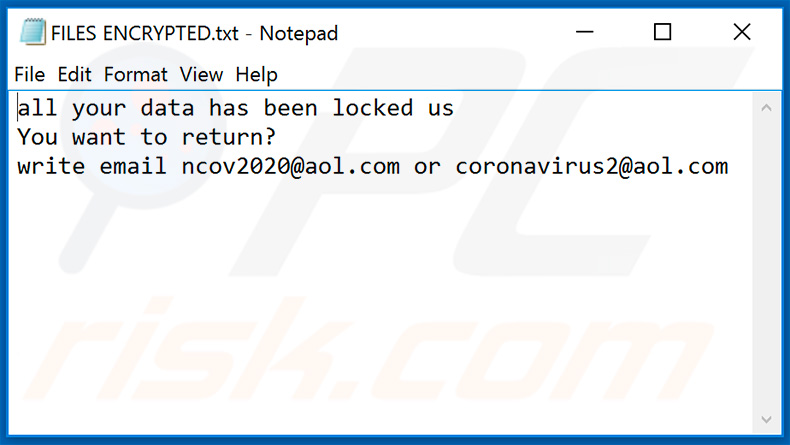 Updated Ncov ransomware text file - FILES ENCRYPTED.txt