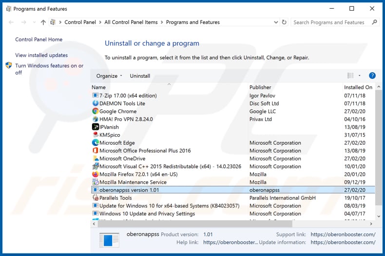OBERONBOOSTER adware uninstall via Control Panel