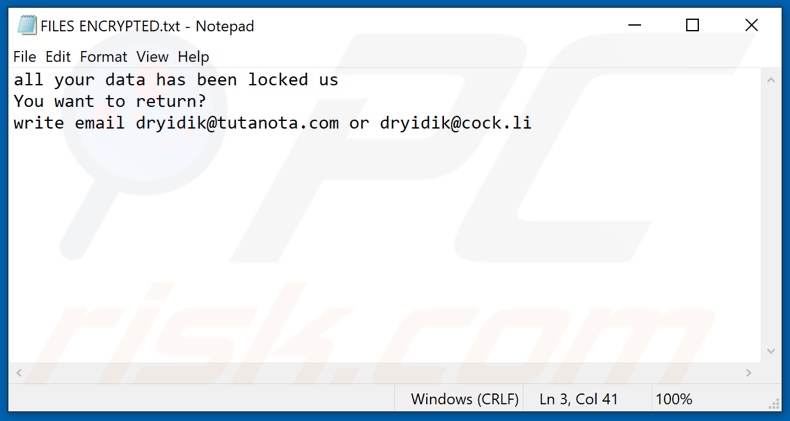 PLEX ransomware text file (FILES ENCRYPTED.txt)