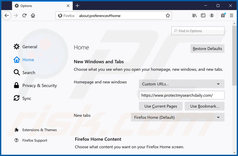 Removing protectmysearchdaily.com from Mozilla Firefox homepage