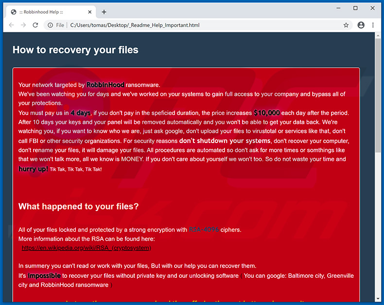 Ransom note dropped by the updated RobbinHood ransomware