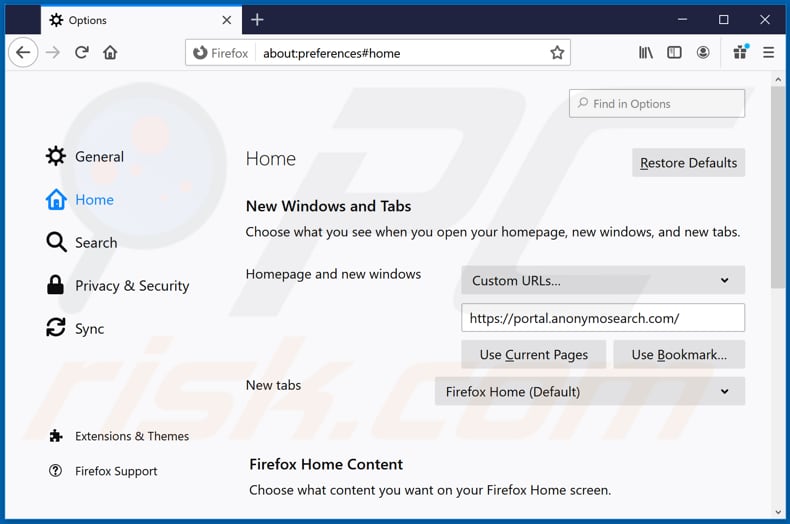 Removing feed.anonymosearch.com from Mozilla Firefox homepage