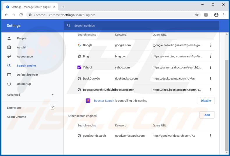 Removing feed.boostersearch.com from Google Chrome default search engine