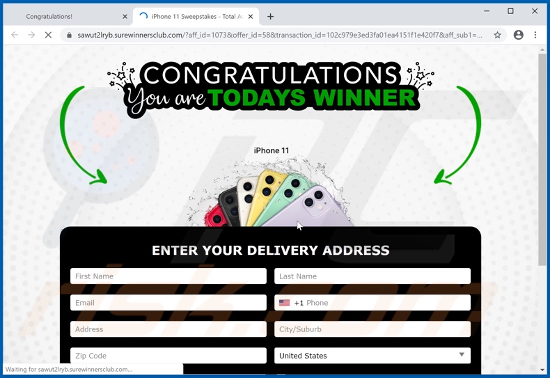 Oszustwo, strona wyświetlana po zakończeniu ankiety Congratulations device user!