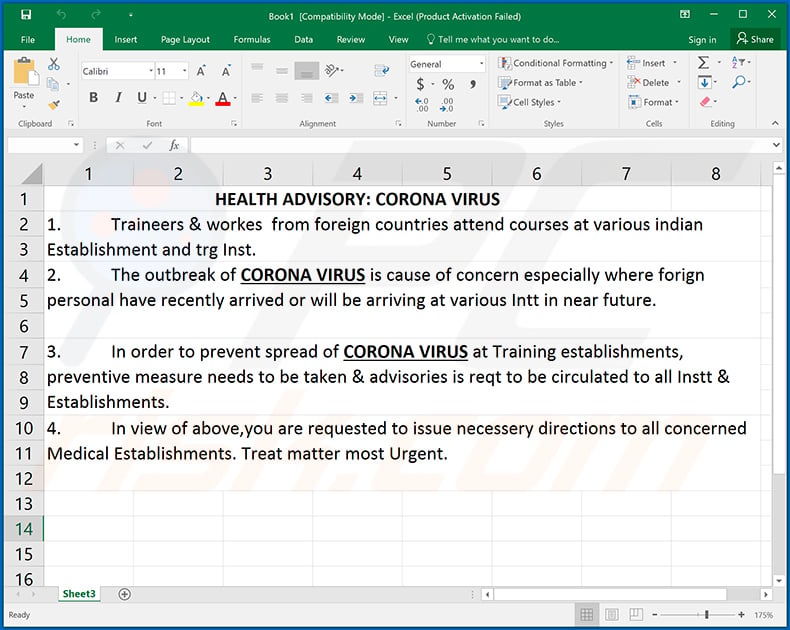 Malicious Coronavirus-related MS Excel document injecting Remcos RAT into the system