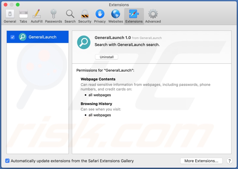 GeneralLaunch adware installed on Safari