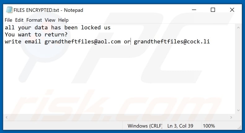 Gtf ransomware text file (FILES ENCRYPTED.txt)