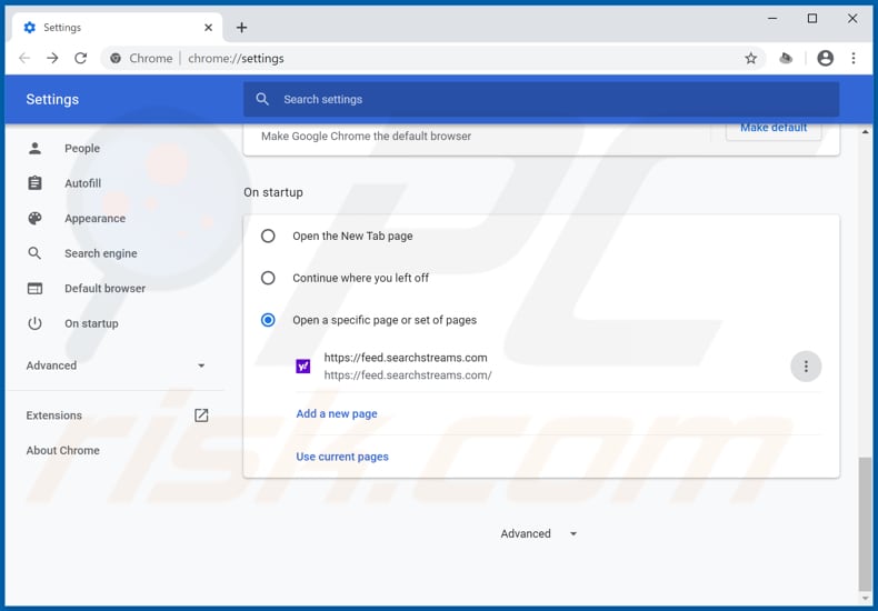 Removing feed.searchstreams.com from Google Chrome homepage
