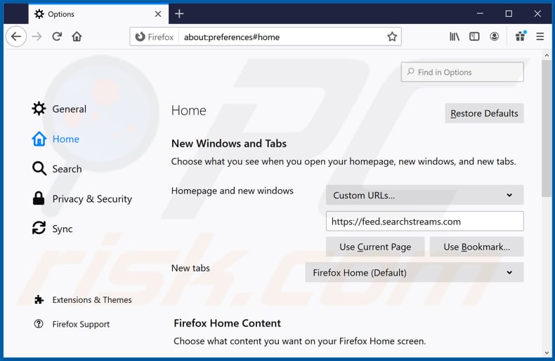 Removing feed.searchstreams.com from Mozilla Firefox homepage