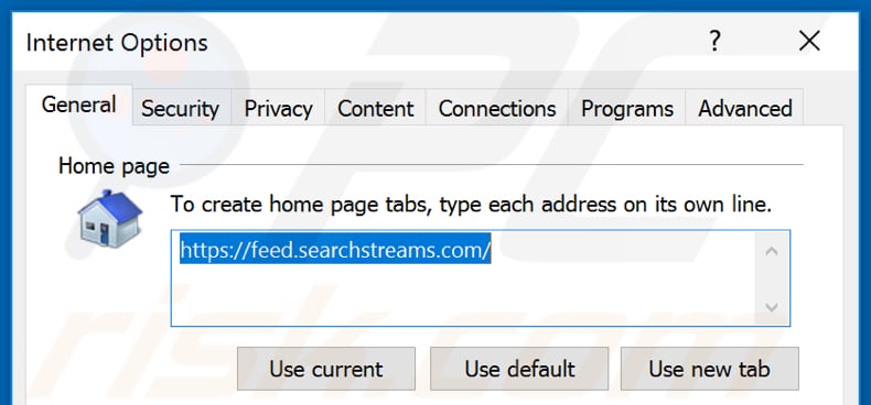 Removing feed.searchstreams.com from Internet Explorer homepage