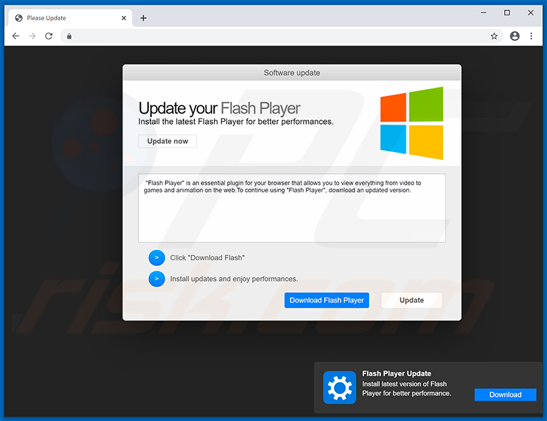 Zwodnicza witryna promująca fałszywy instalator Adobe Flash Player 