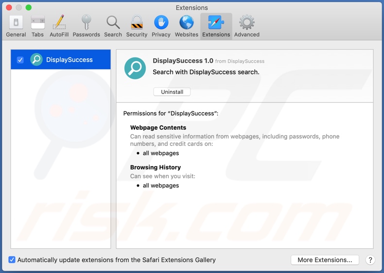 DisplaySuccess adware installed on Safari