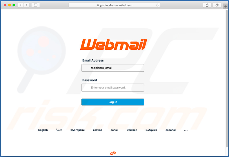 Witryna spamowa próbująca wyłudzić dane logowania e-mail zaprezentowana jako strona logowania Webmail