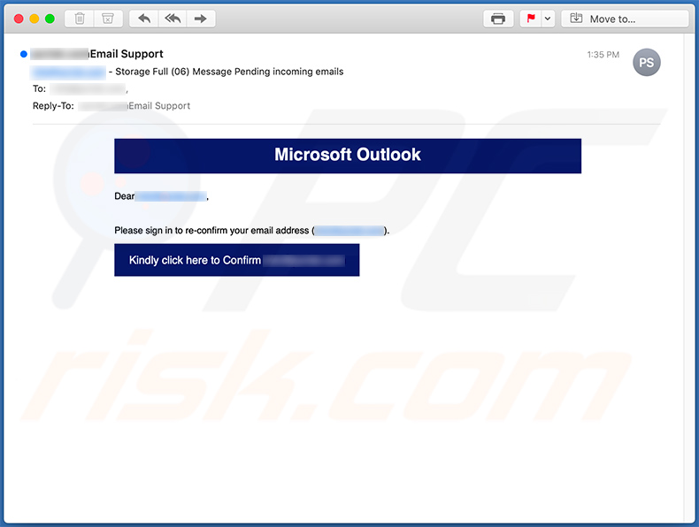 E-mail phishingowy o tematyce Microsoft Outlook