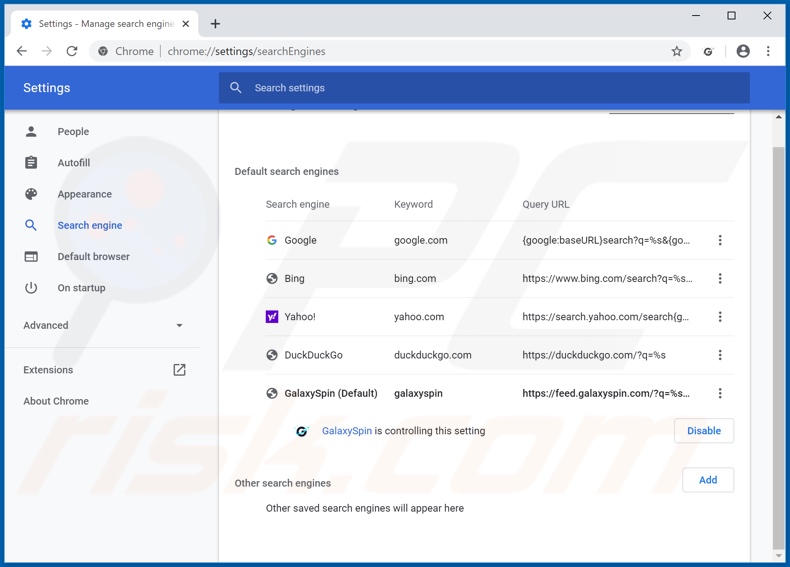 Removing galaxyspin.com from Google Chrome default search engine