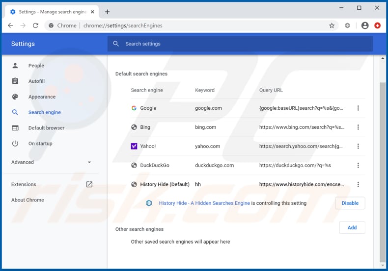 Removing historyhide.com from Google Chrome default search engine