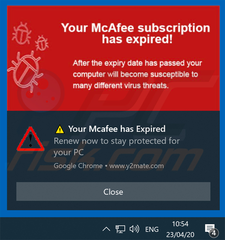 Powiadomienie przeglądarki oszustwa pop-up Your McAfee Subscription Has Expired dostarczone przez y2mate.com