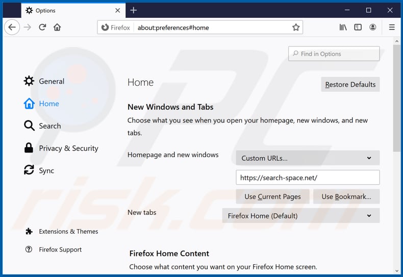 Removing search-space.net from Mozilla Firefox homepage