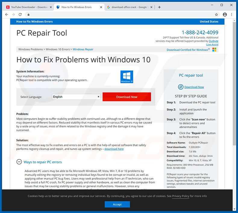 Website that Your Windows 10 is infected with 5 viruses! redirects to