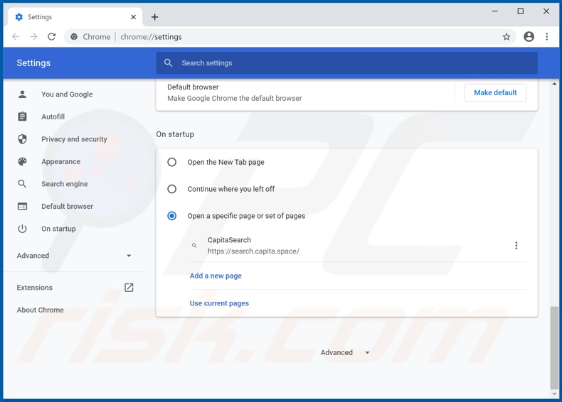 Removing search.capita.space from Google Chrome homepage