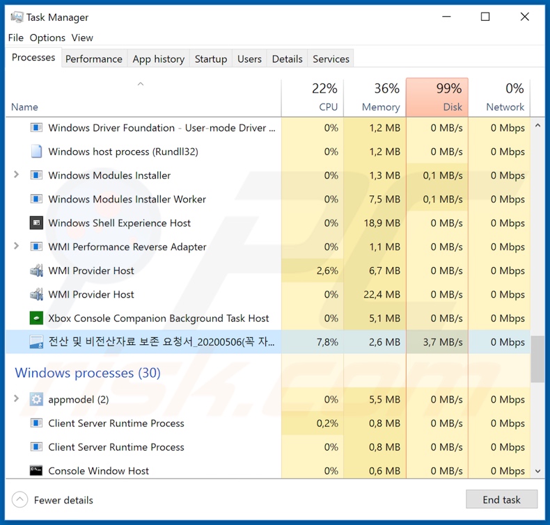 Nemty Special Edition ransomware process on Task Manager (process name: 전산 및 비전산자료 보존 요청서_20200506(꼭 자료 보존해주세요)1)