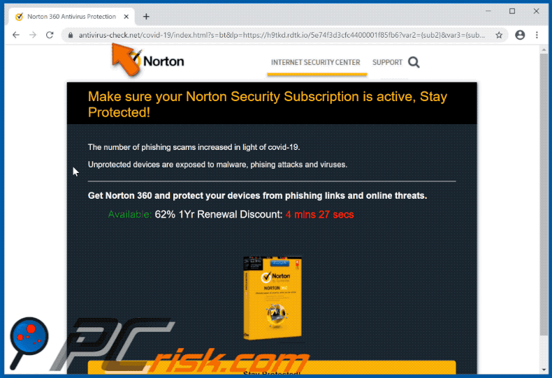 Witryna antivirus-check.net dostarczająca oszustwo pop-up Norton Subscription Has Expired Today