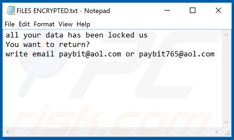 payB ransomware text file (FILES ENCRYPTED.txt)