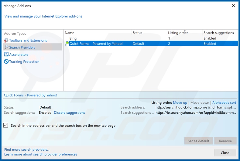 Usuwanie hquick-forms.com z domyślnej wyszukiwarki Internet Explorer