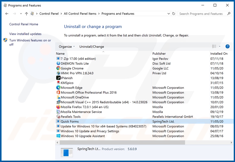 Usuwanie porywacza przeglądarki hquick-forms.com za pomocą Panelu sterowania
