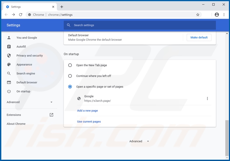 Removing s3arch.page from Google Chrome homepage