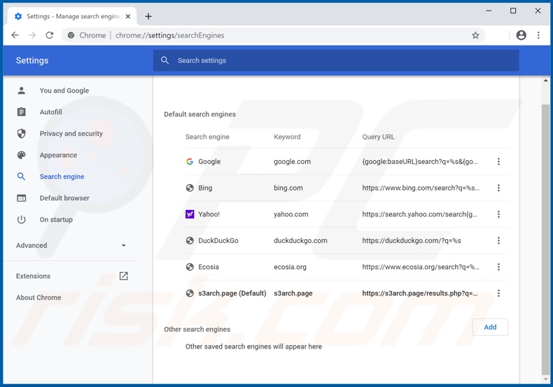 Removing s3arch.page from Google Chrome default search engine