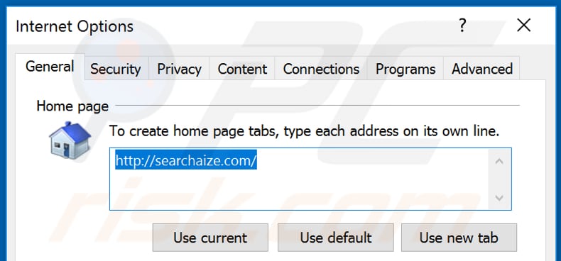 Removing searchaize.com from Internet Explorer homepage