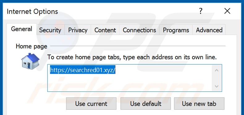 Removing searchred01.xyz from Internet Explorer homepage