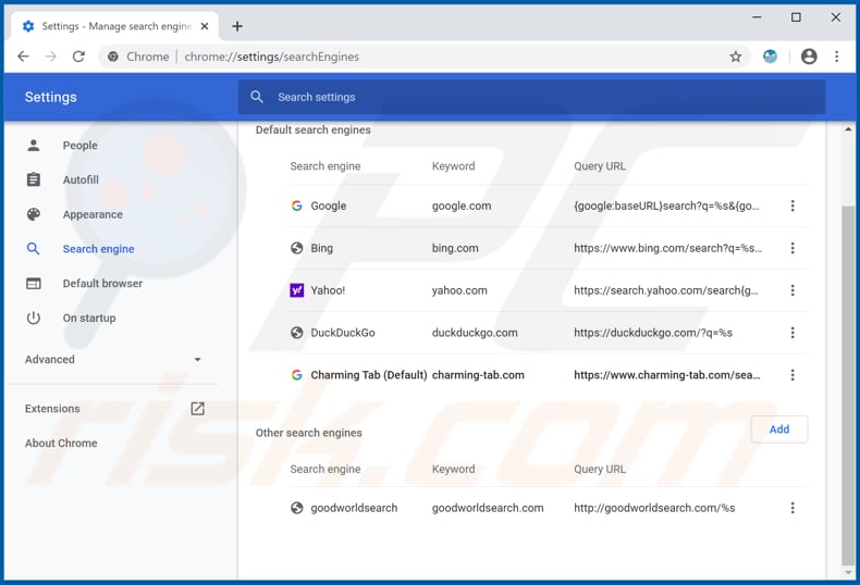 Removing charming-tab.com from Google Chrome default search engine