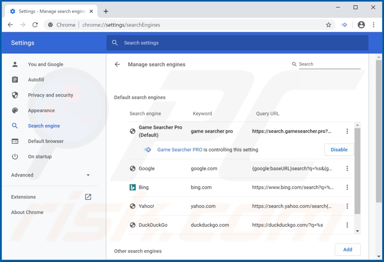 Removing search.gamesearcher.pro from Google Chrome default search engine