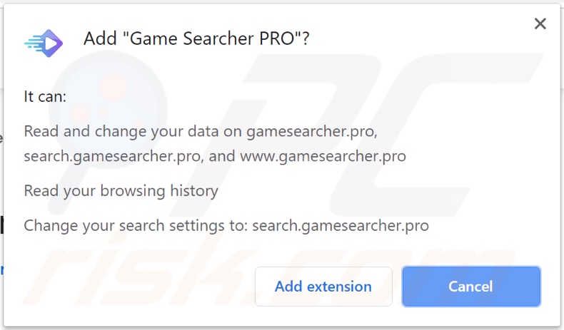 Game Searcher PRO browser hijacker asking for permissions