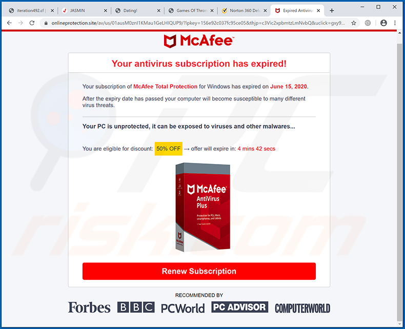 OSzustwo pop-up Your McAfee Subscription Has Expired wyświetlane przez onlineprotection.site