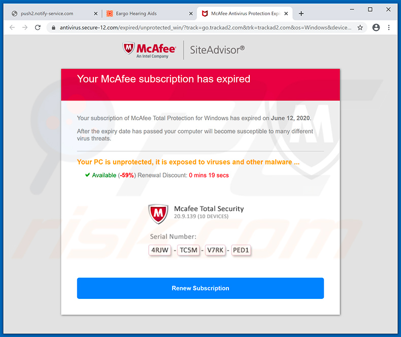 Oszustwo pop-up Your McAfee Subscription Has Expired (2020-06-16)