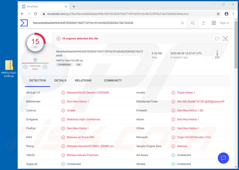 Wykrycia malware Mekotio na VirusTotal