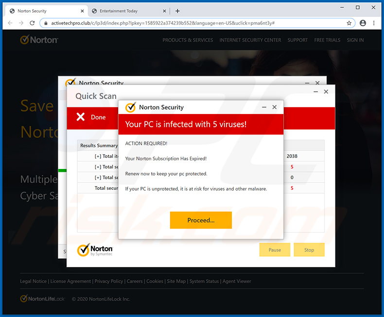 Oszustwo pop-up Norton Subscription Has Expired Today wyświetlane przez activetechpro.club