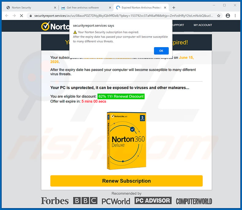 Oszustwo pop-up Norton Subscription Has Expired Today wyświetlane przez securityreport.services