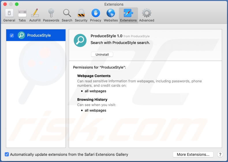 ProduceStyle adware installed on Safari