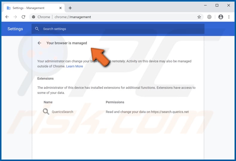 quericssearch browser hijacker added managed by your organization feature